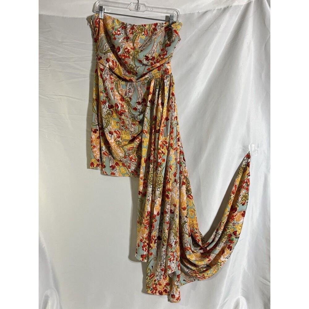 Luxxel Dress Woman's M Yellow Floral Side Sash Zip Strapless Mini Ruched Skirt